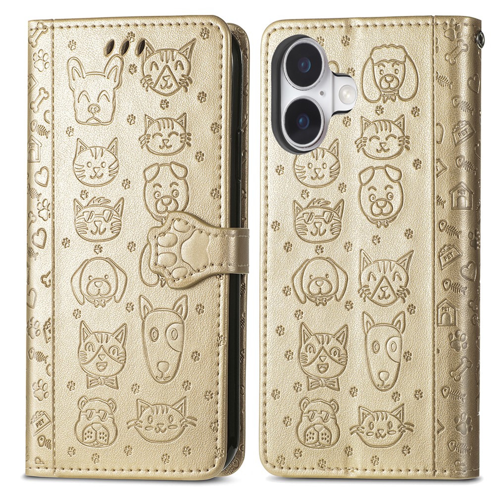 For iPhone 17 Case Flip Wallet Leather Phone Cover with Cute Cat Dog Pattern - Gold