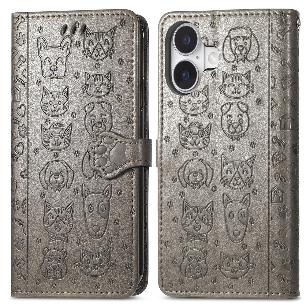 For iPhone 17 Case Flip Wallet Leather Phone Cover with Cute Cat Dog Pattern - Grey