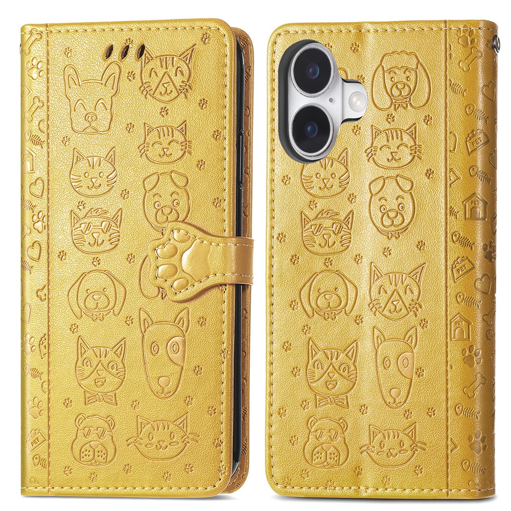 For iPhone 17 Case Flip Wallet Leather Phone Cover with Cute Cat Dog Pattern - Yellow
