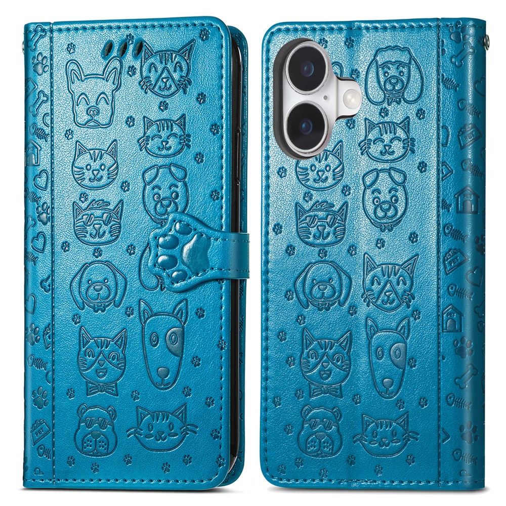 For iPhone 17 Case Flip Wallet Leather Phone Cover with Cute Cat Dog Pattern - Blue