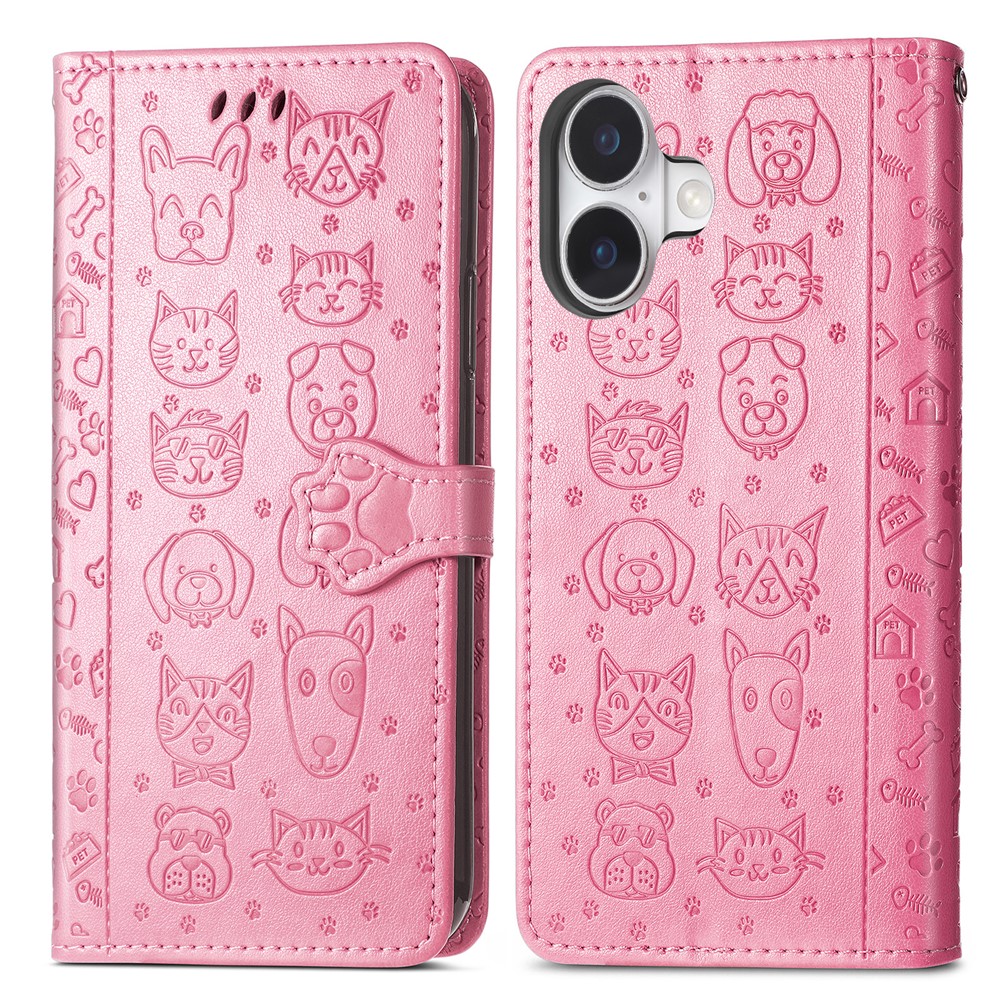For iPhone 17 Case Flip Wallet Leather Phone Cover with Cute Cat Dog Pattern - Pink