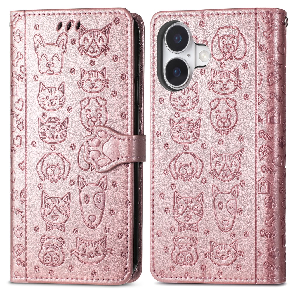 For iPhone 17 Case Flip Wallet Leather Phone Cover with Cute Cat Dog Pattern - Rose Gold