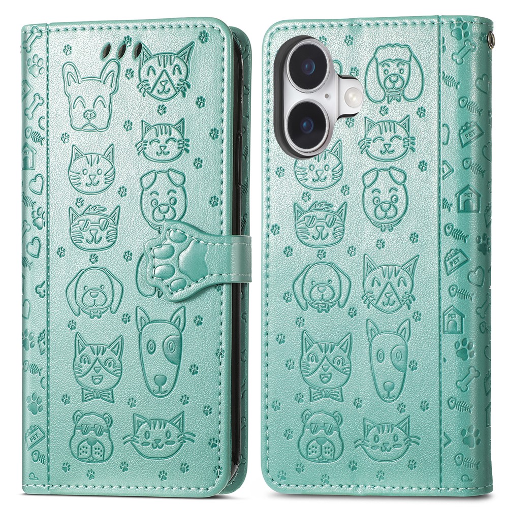 For iPhone 17 Case Flip Wallet Leather Phone Cover with Cute Cat Dog Pattern - Green