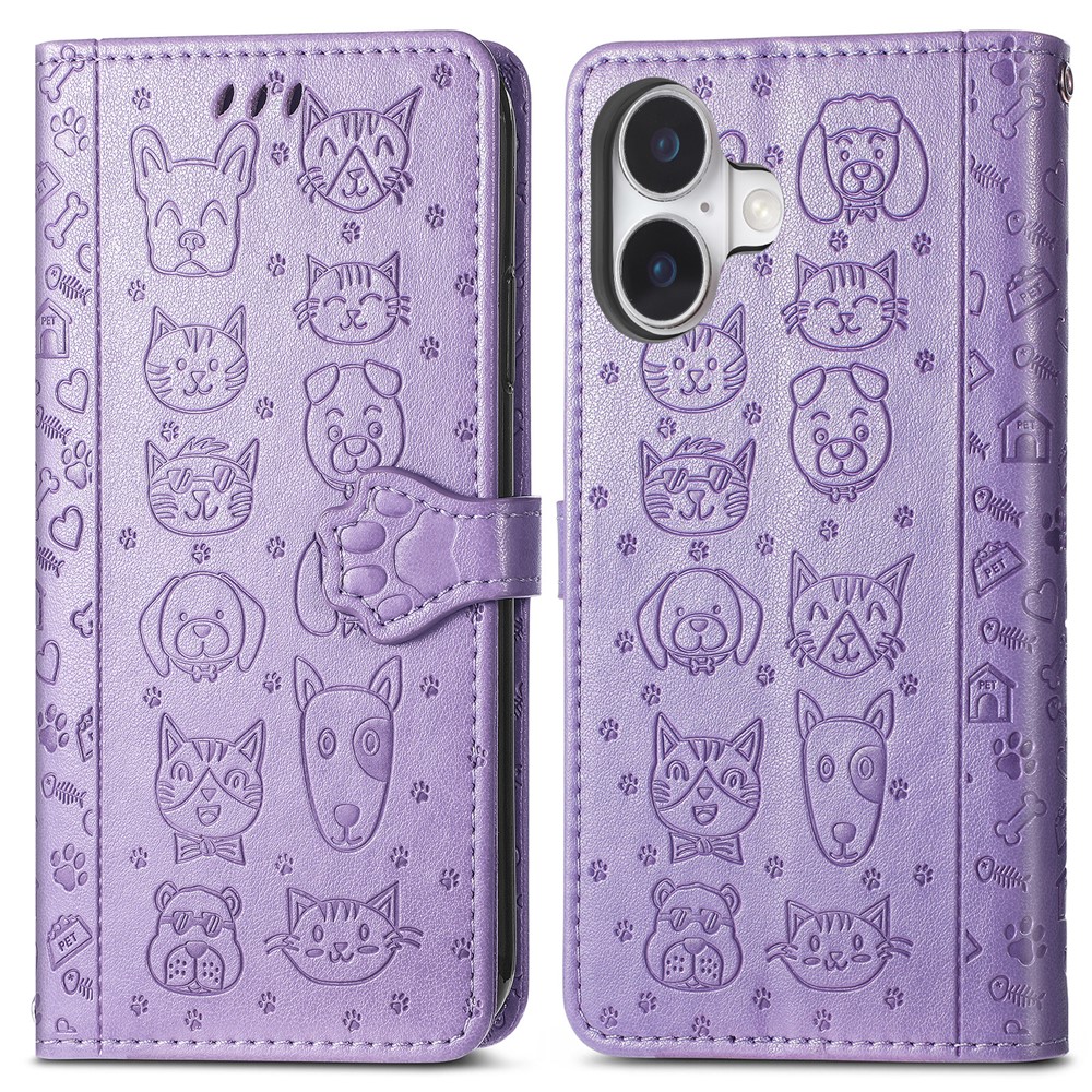For iPhone 17 Case Flip Wallet Leather Phone Cover with Cute Cat Dog Pattern - Light Purple