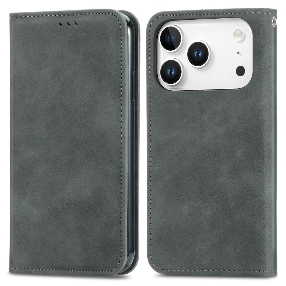 For iPhone 17 Pro Max Leather Case with Card Holder Magnetic Absorption Phone Cover - Grey