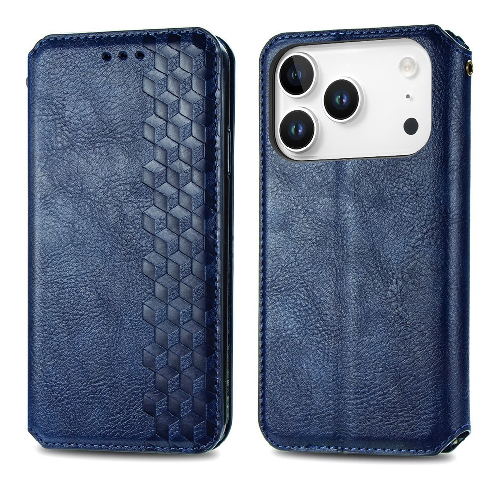 For iPhone 17 Pro Max Case Rhombus Imprint PU Leather Wallet Phone Cover - Blue