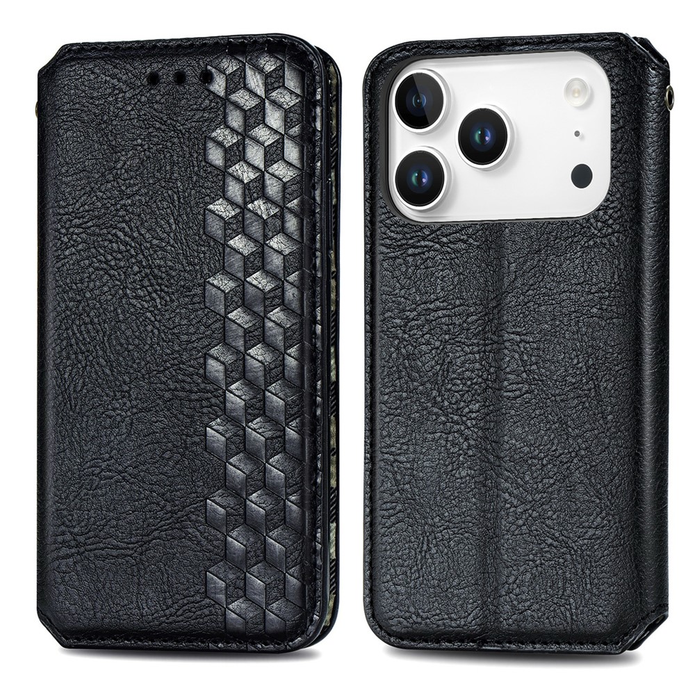 For iPhone 17 Pro Max Case Rhombus Imprint PU Leather Wallet Phone Cover - Black