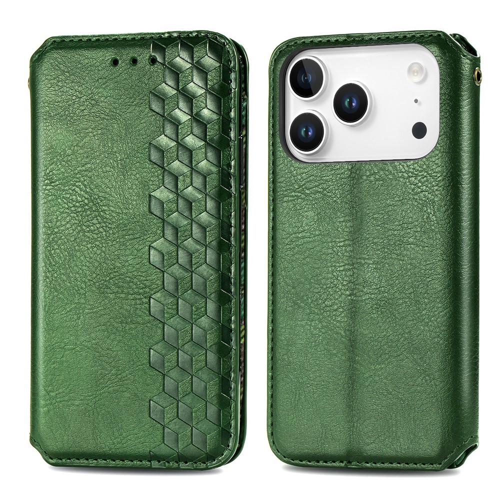 For iPhone 17 Pro Max Case Rhombus Imprint PU Leather Wallet Phone Cover - Green