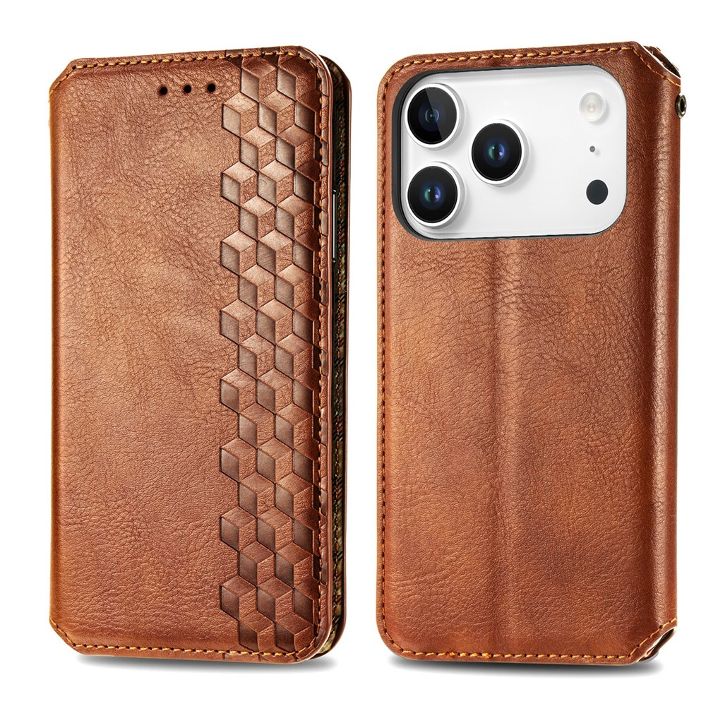 For iPhone 17 Pro Max Case Rhombus Imprint PU Leather Wallet Phone Cover - Brown