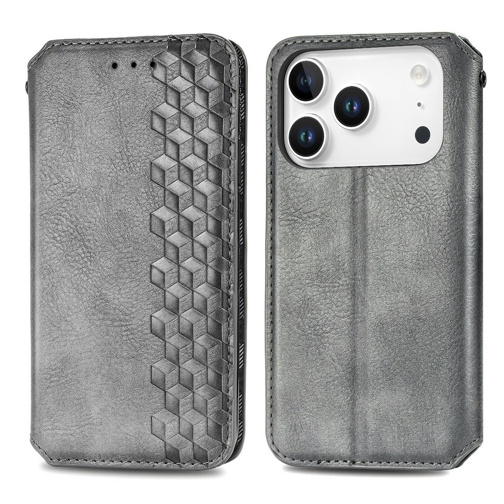 For iPhone 17 Pro Max Case Rhombus Imprint PU Leather Wallet Phone Cover - Grey