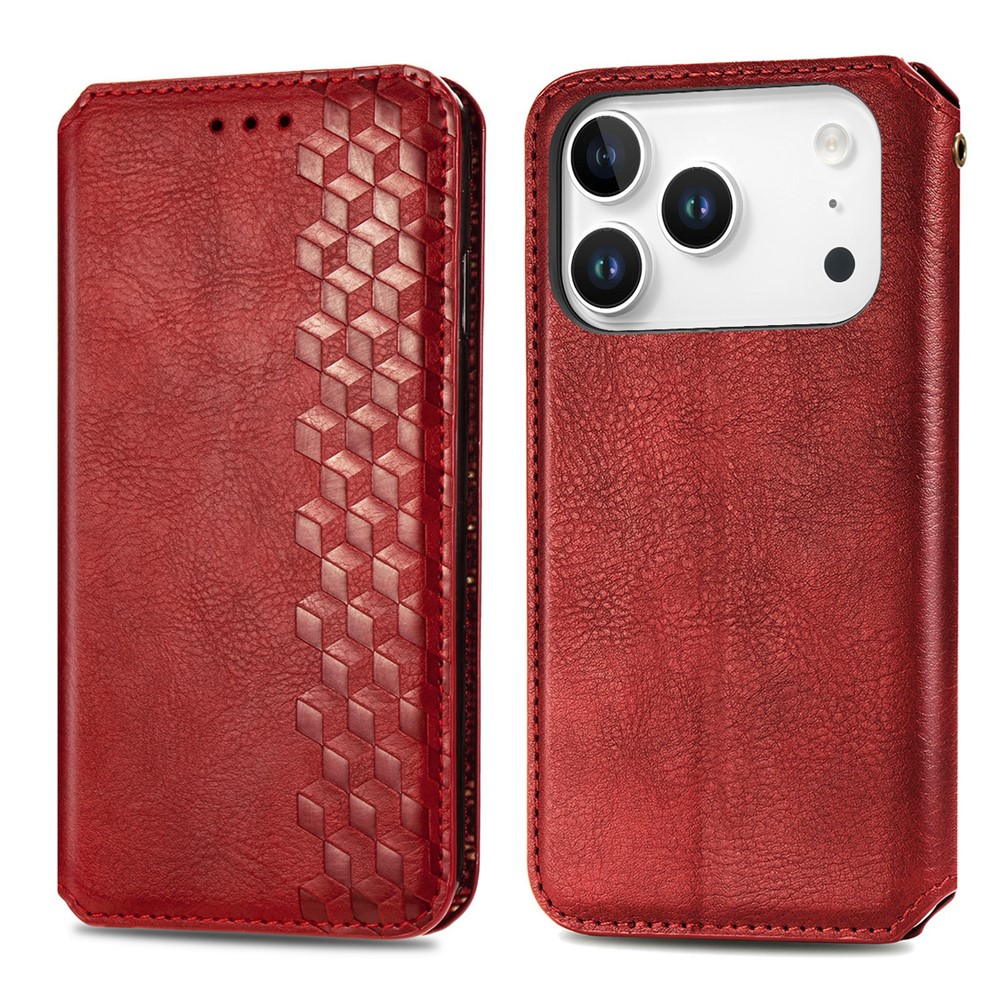 For iPhone 17 Pro Max Case Rhombus Imprint PU Leather Wallet Phone Cover - Red