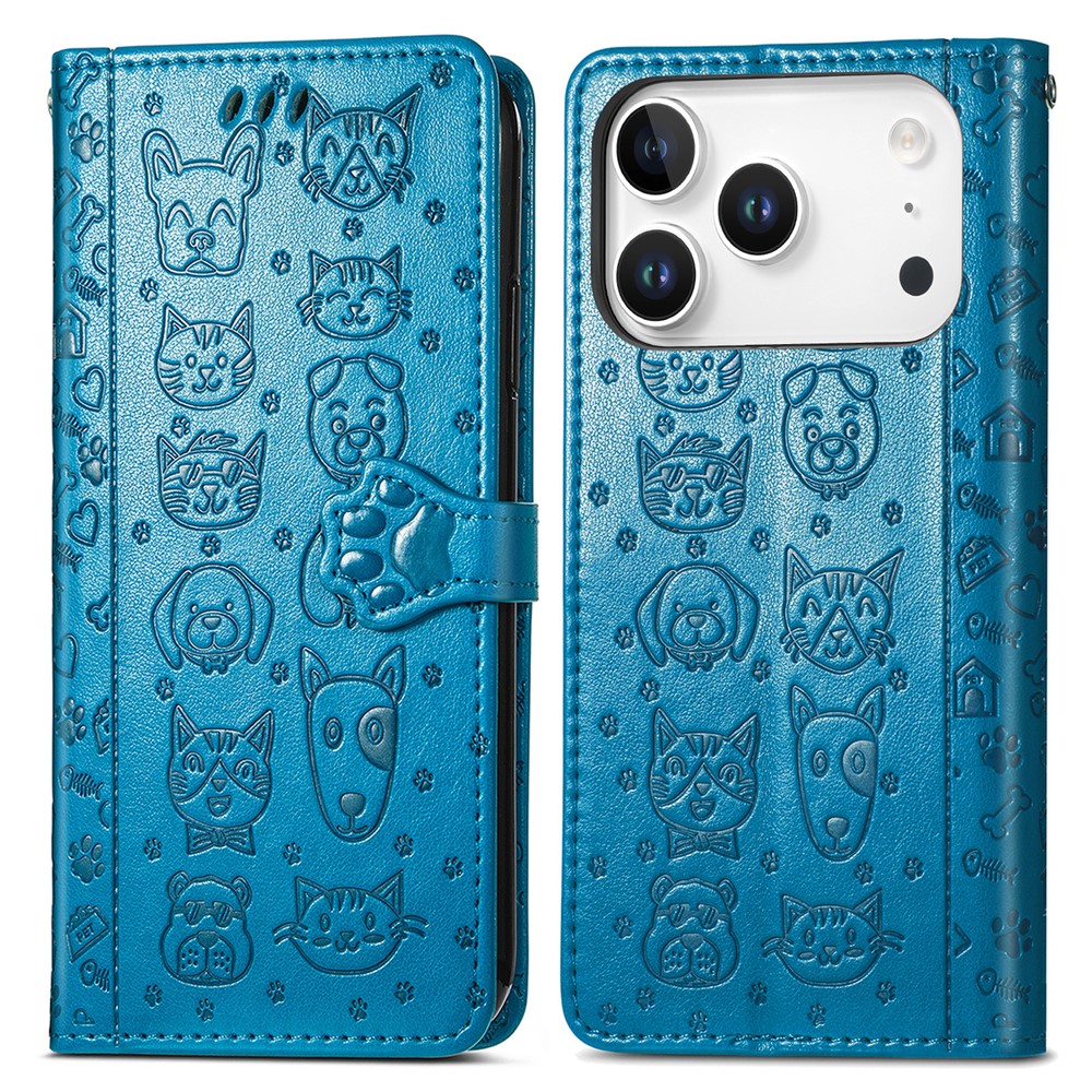 For iPhone 17 Pro Max Case Flip Wallet Leather Phone Cover with Cute Cat Dog Pattern - Blue