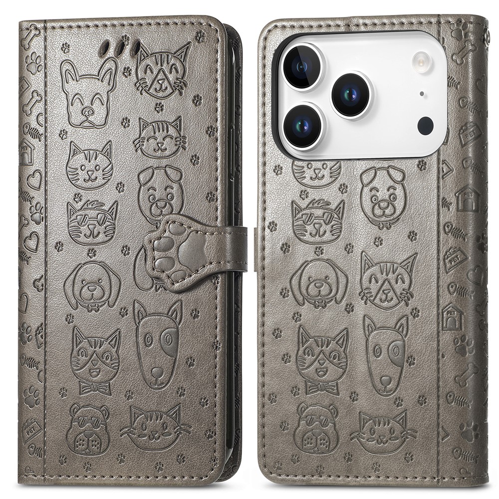 For iPhone 17 Pro Max Case Flip Wallet Leather Phone Cover with Cute Cat Dog Pattern - Grey
