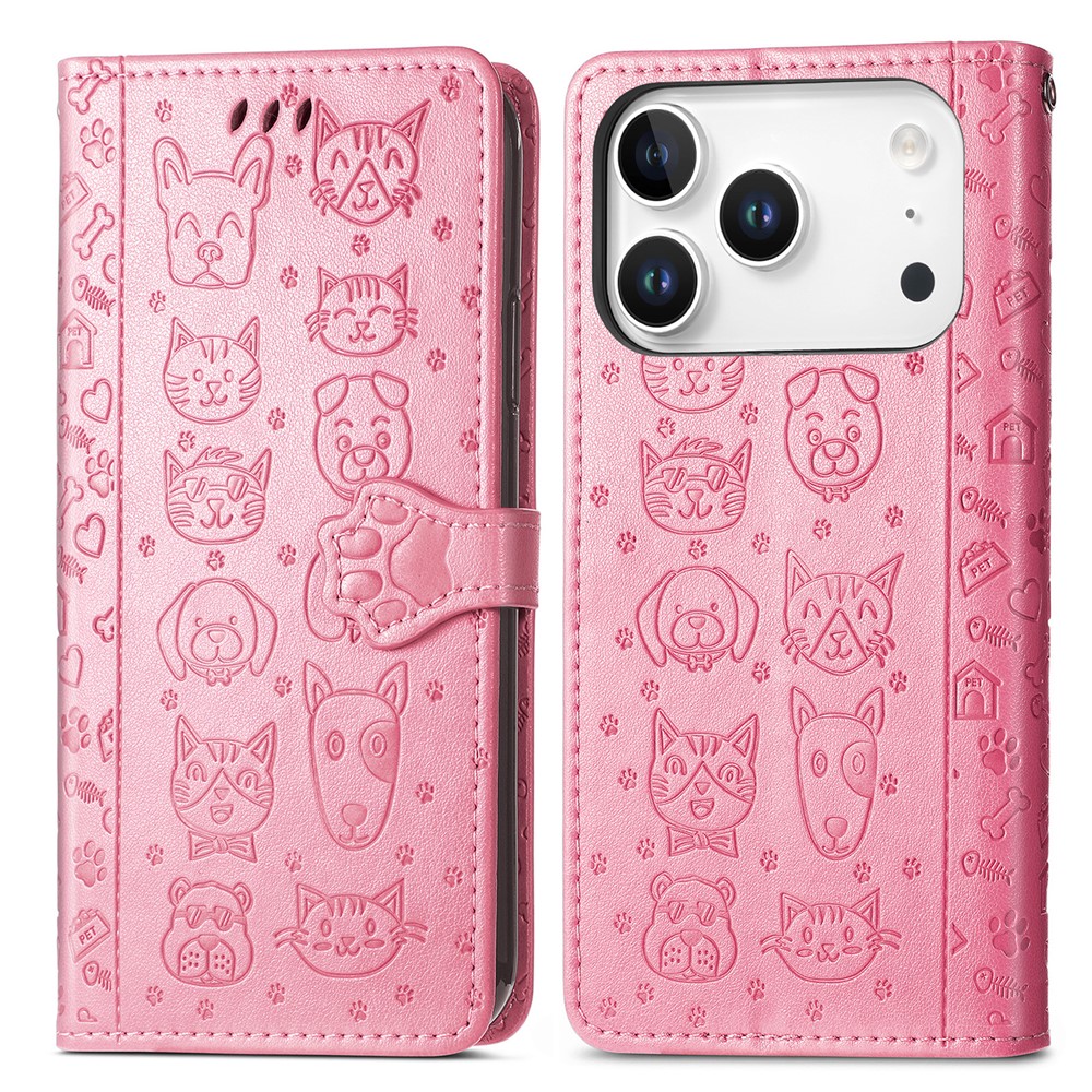 For iPhone 17 Pro Max Case Flip Wallet Leather Phone Cover with Cute Cat Dog Pattern - Pink