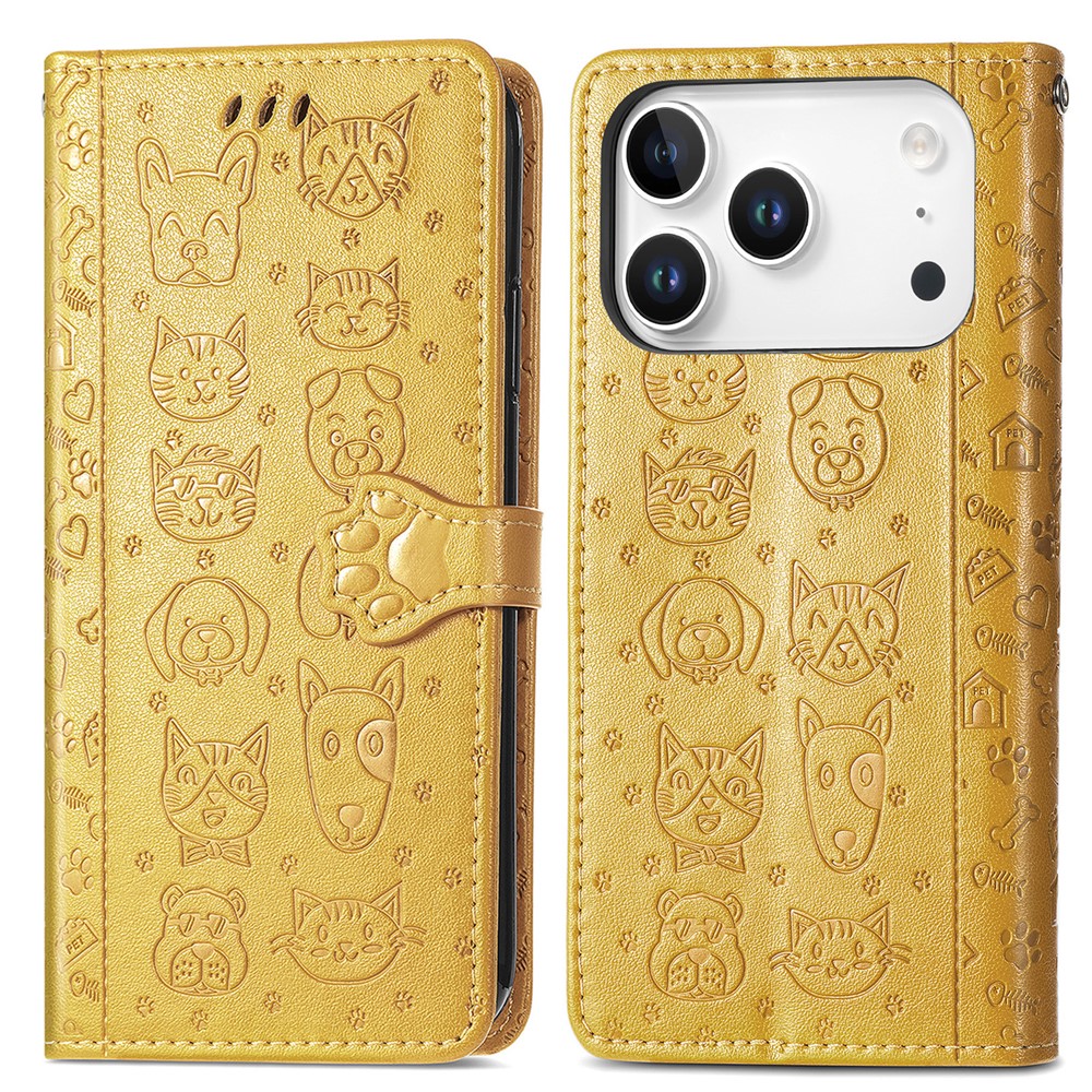 For iPhone 17 Pro Max Case Flip Wallet Leather Phone Cover with Cute Cat Dog Pattern - Yellow