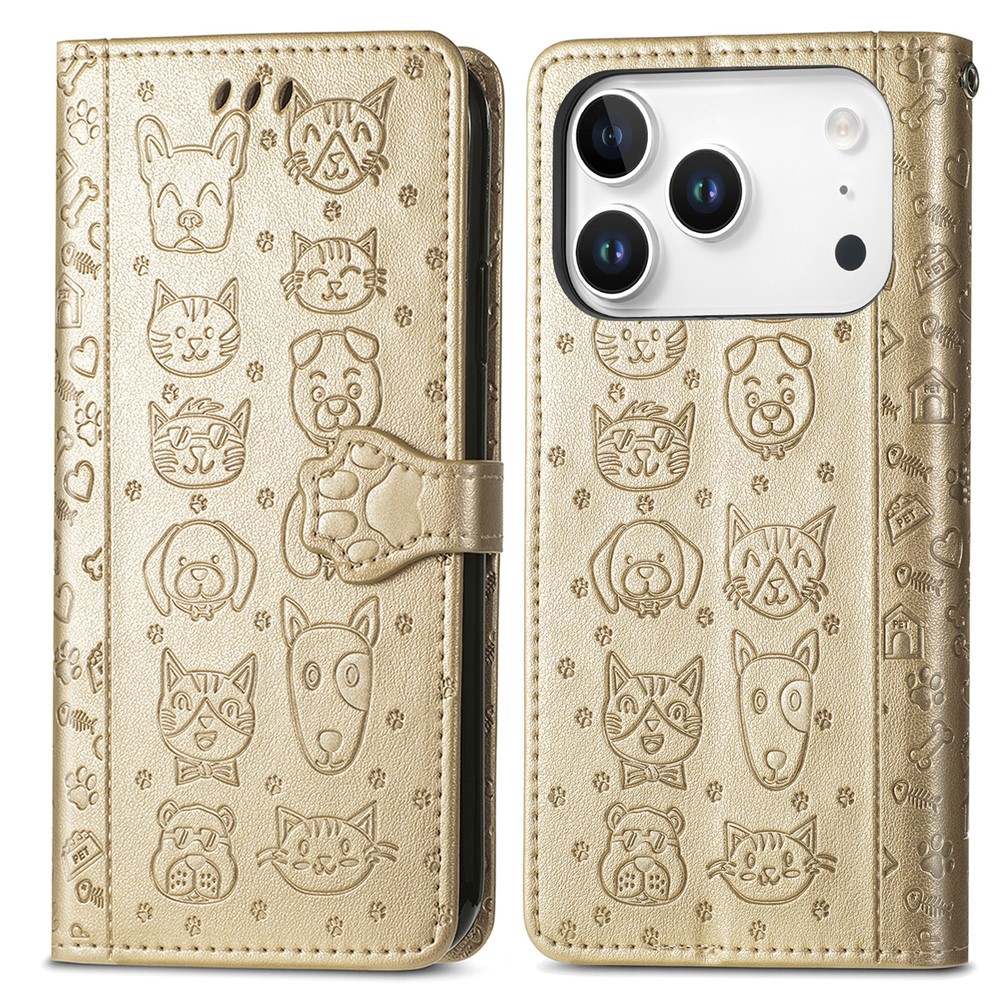 For iPhone 17 Pro Max Case Flip Wallet Leather Phone Cover with Cute Cat Dog Pattern - Gold