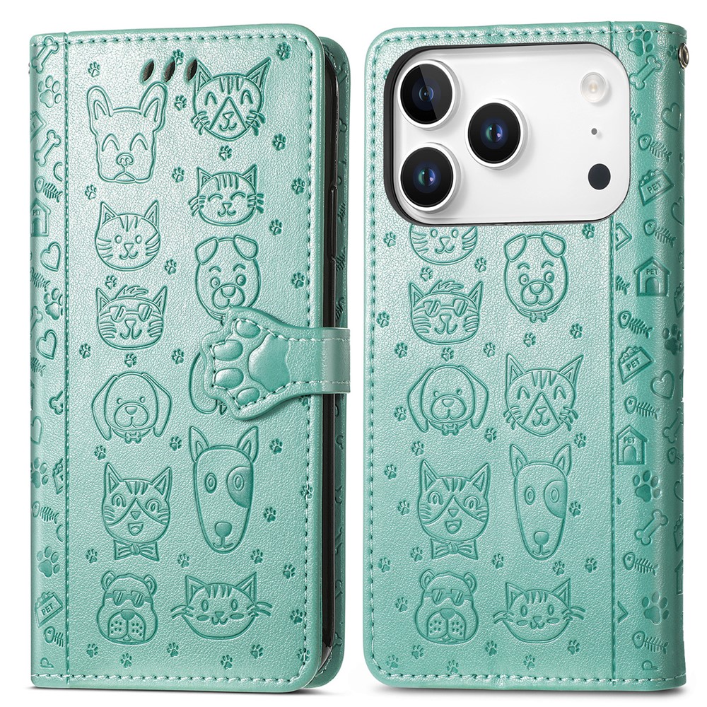 For iPhone 17 Pro Max Case Flip Wallet Leather Phone Cover with Cute Cat Dog Pattern - Green