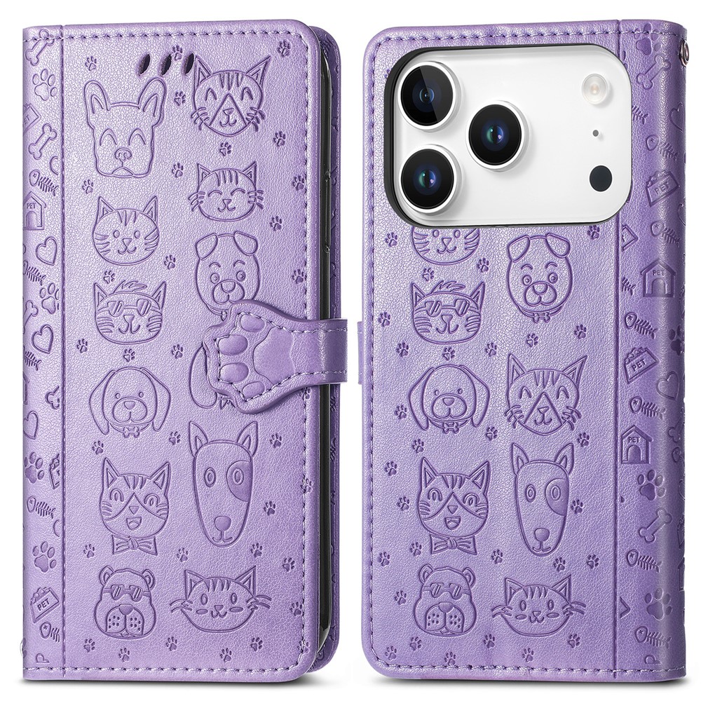 For iPhone 17 Pro Max Case Flip Wallet Leather Phone Cover with Cute Cat Dog Pattern - Light Purple