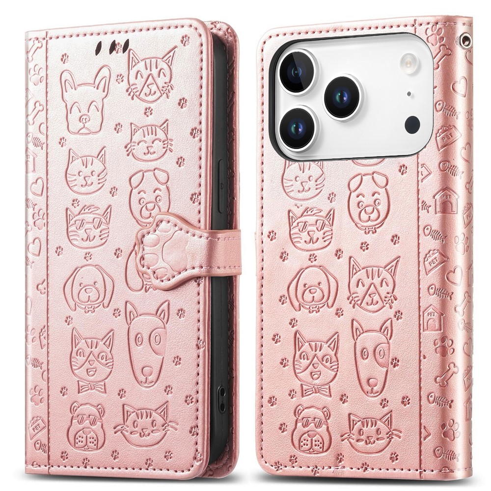 For iPhone 17 Pro Max Case Flip Wallet Leather Phone Cover with Cute Cat Dog Pattern - Rose Gold