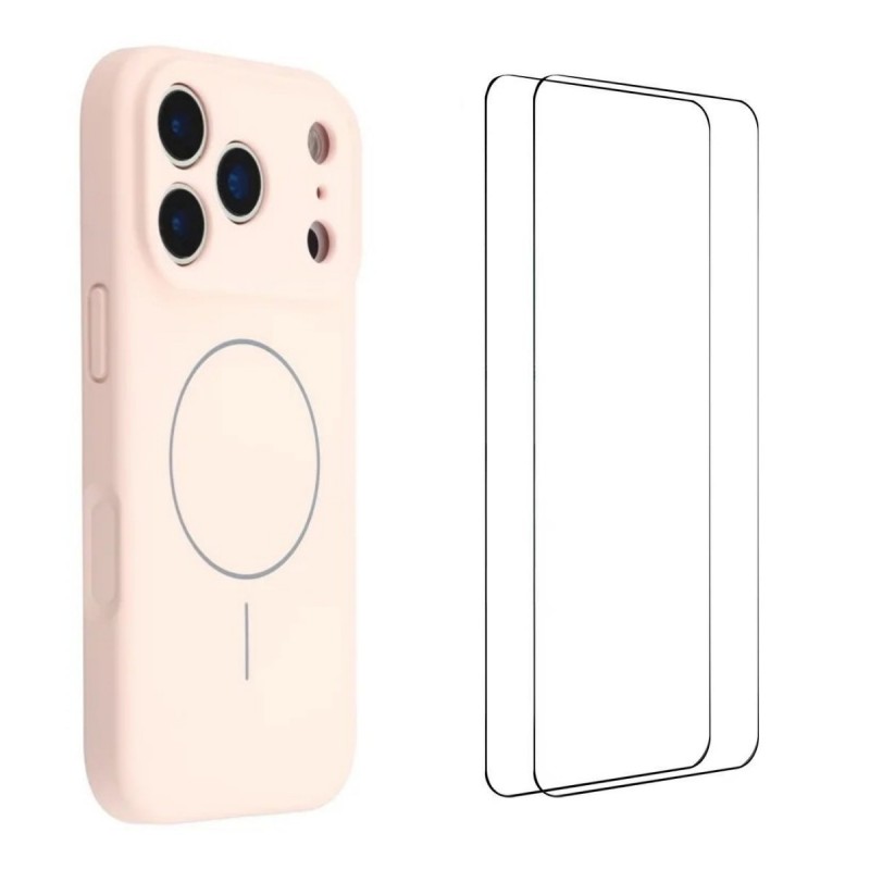 For iPhone 17 Pro Max Case with 2pcs Screen Films WANLONFENG XQ1 Series TPU Liquid Silicone Precise Cutout Phone Cover Compatible with MagSafe - Pink