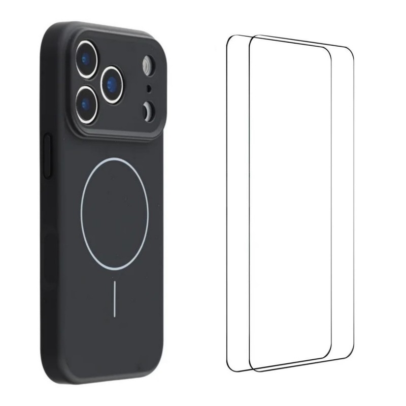 For iPhone 17 Pro Max Case with 2pcs Screen Films WANLONFENG XQ1 Series TPU Liquid Silicone Precise Cutout Phone Cover Compatible with MagSafe - Black