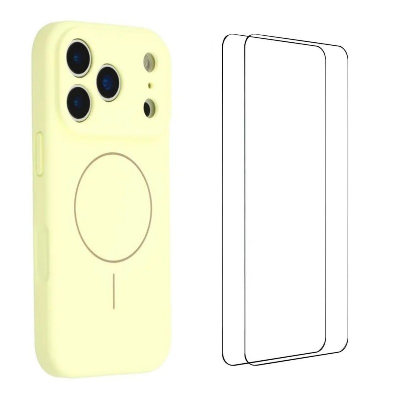 For iPhone 17 Pro Max Case with 2pcs Screen Films WANLONFENG XQ1 Series TPU Liquid Silicone Precise Cutout Phone Cover Compatible with MagSafe - Yellow