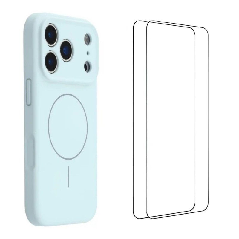 For iPhone 17 Pro Max Case with 2pcs Screen Films WANLONFENG XQ1 Series TPU Liquid Silicone Precise Cutout Phone Cover Compatible with MagSafe - Sky Blue
