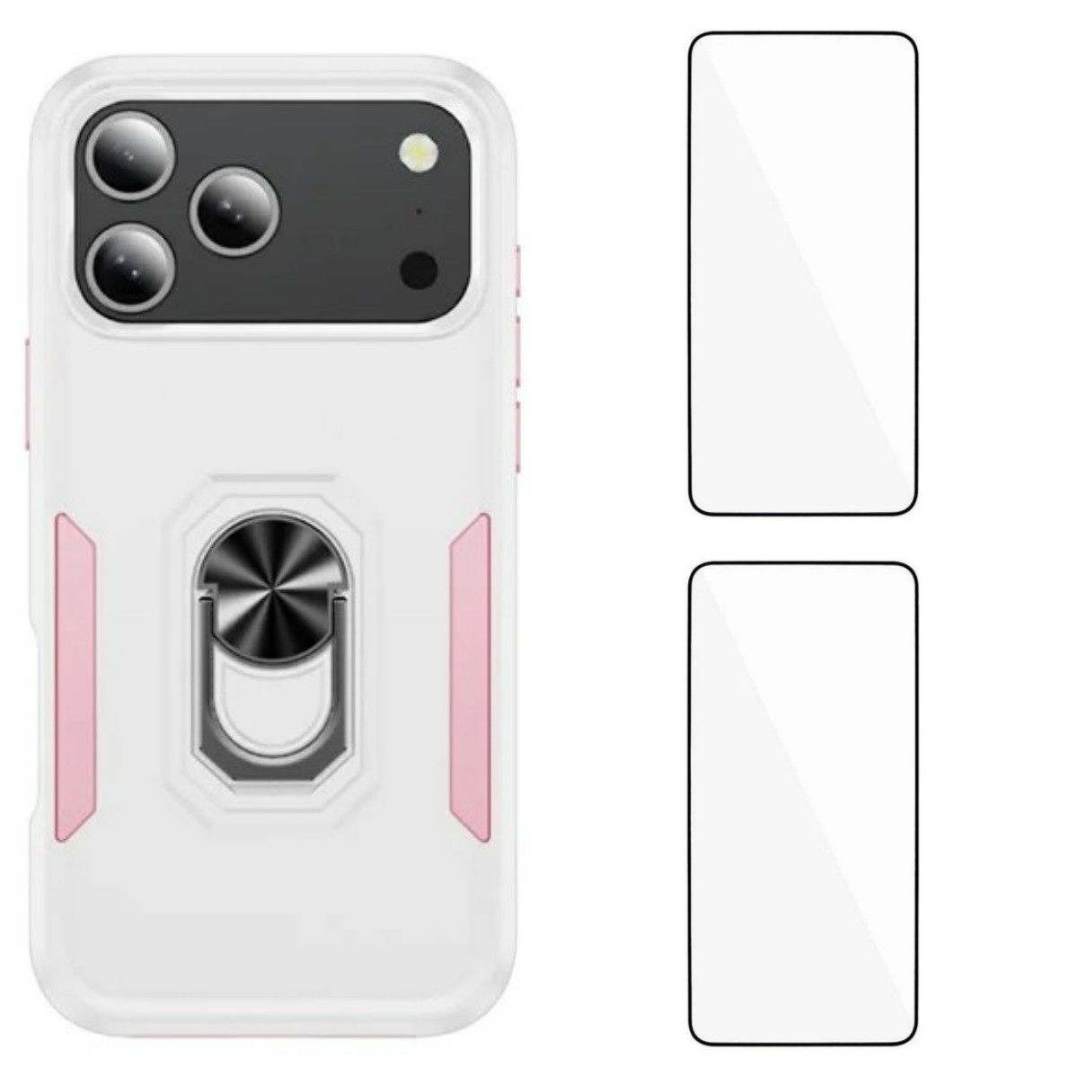 For iPhone 17 Pro Max Case with 2Pcs Tempered Glass WANLONFENG KT Series PC TPU Kickstand Phone Cover - White
