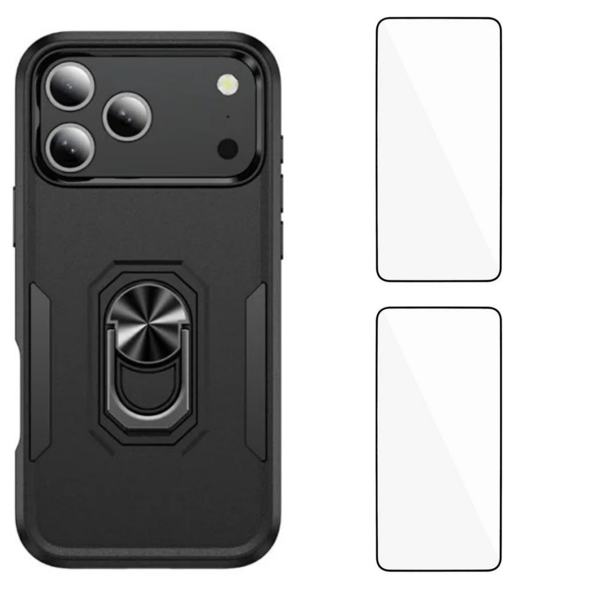 For iPhone 17 Pro Max Case with 2Pcs Tempered Glass WANLONFENG KT Series PC TPU Kickstand Phone Cover - Black