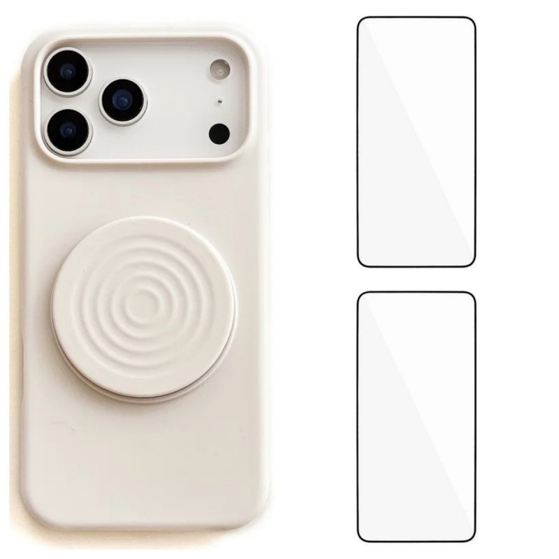 For iPhone 17 Pro Max Kickstand Case WANLONFENG ZJ Series TPU Liquid Silicone Phone Cover with 2 Tempered Glass Films - White