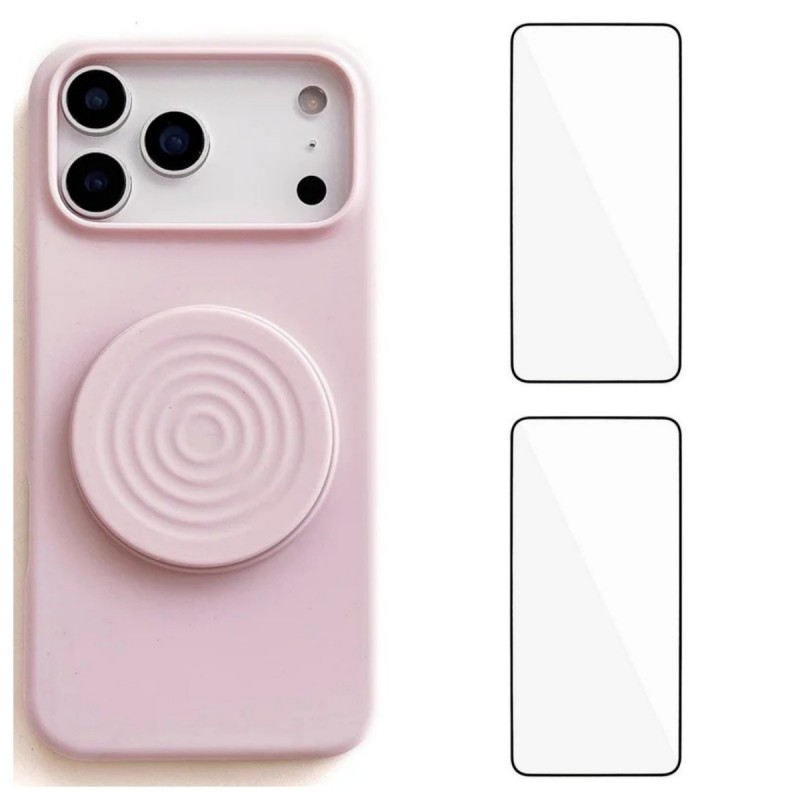 For iPhone 17 Pro Max Kickstand Case WANLONFENG ZJ Series TPU Liquid Silicone Phone Cover with 2 Tempered Glass Films - Pink