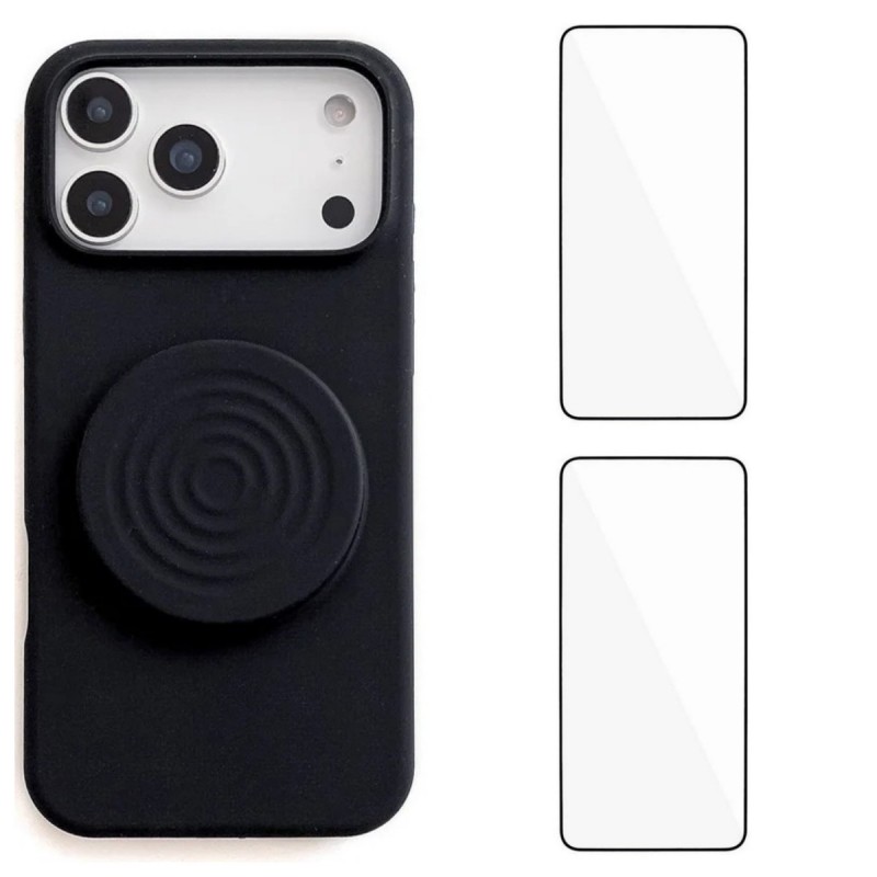 For iPhone 17 Pro Max Kickstand Case WANLONFENG ZJ Series TPU Liquid Silicone Phone Cover with 2 Tempered Glass Films - Black