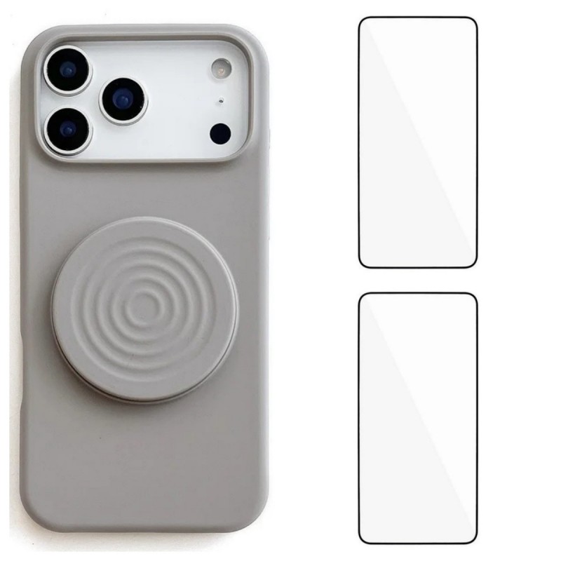 For iPhone 17 Pro Max Kickstand Case WANLONFENG ZJ Series TPU Liquid Silicone Phone Cover with 2 Tempered Glass Films - Grey