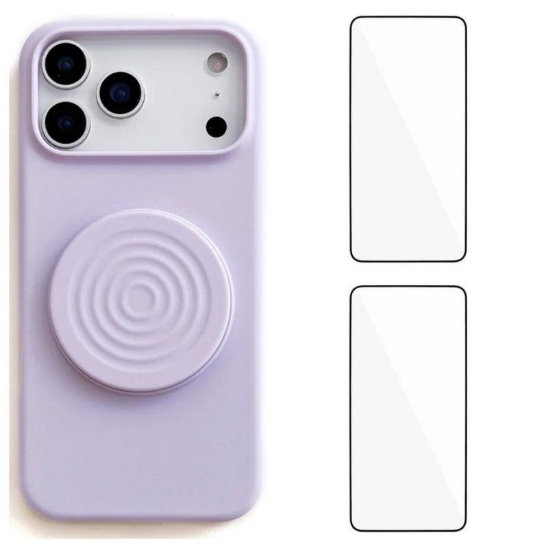 For iPhone 17 Pro Max Kickstand Case WANLONFENG ZJ Series TPU Liquid Silicone Phone Cover with 2 Tempered Glass Films - Purple