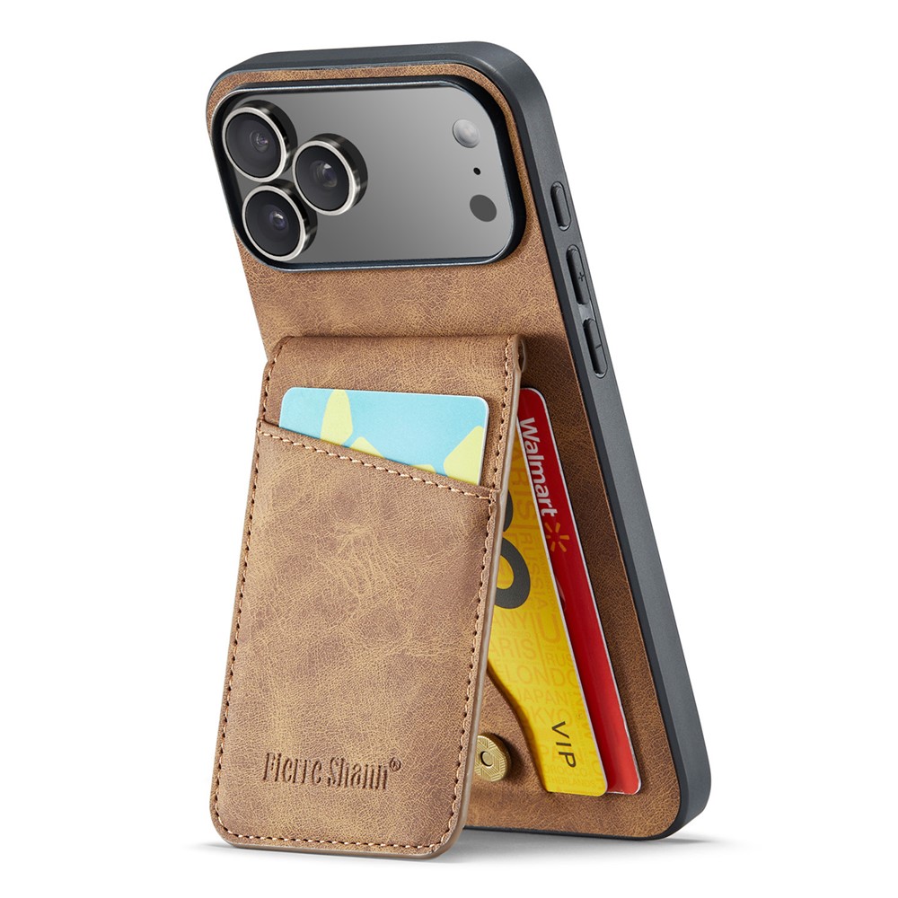FIERRE SHANN For iPhone 17 Pro Max Case Card Holder Kickstand Leather RFID Blocking Back Cover - Brown