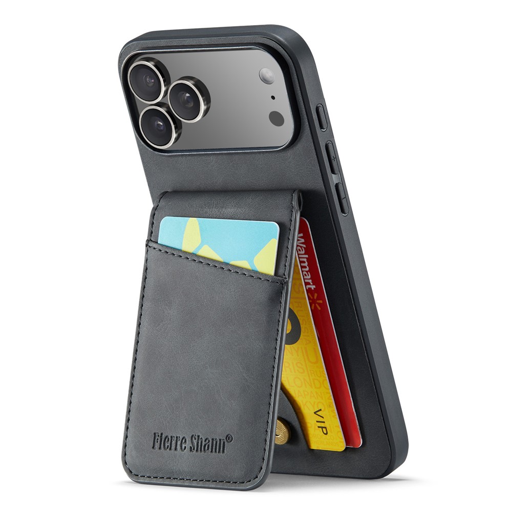 FIERRE SHANN For iPhone 17 Pro Max Case Card Holder Kickstand Leather RFID Blocking Back Cover - Black