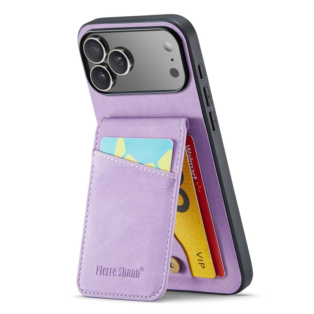 FIERRE SHANN For iPhone 17 Pro Max Case Card Holder Kickstand Leather RFID Blocking Back Cover - Purple