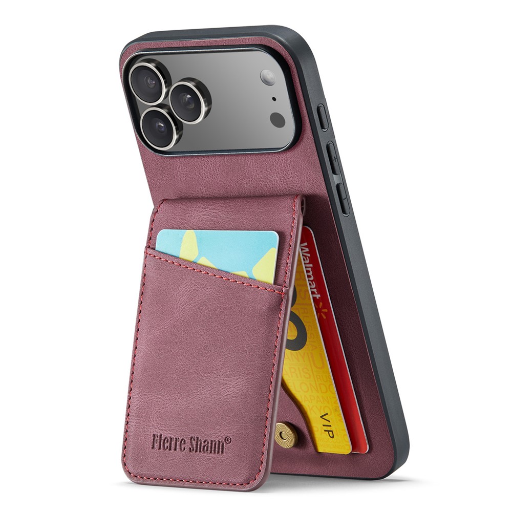 FIERRE SHANN For iPhone 17 Pro Max Case Card Holder Kickstand Leather RFID Blocking Back Cover - Wine Red