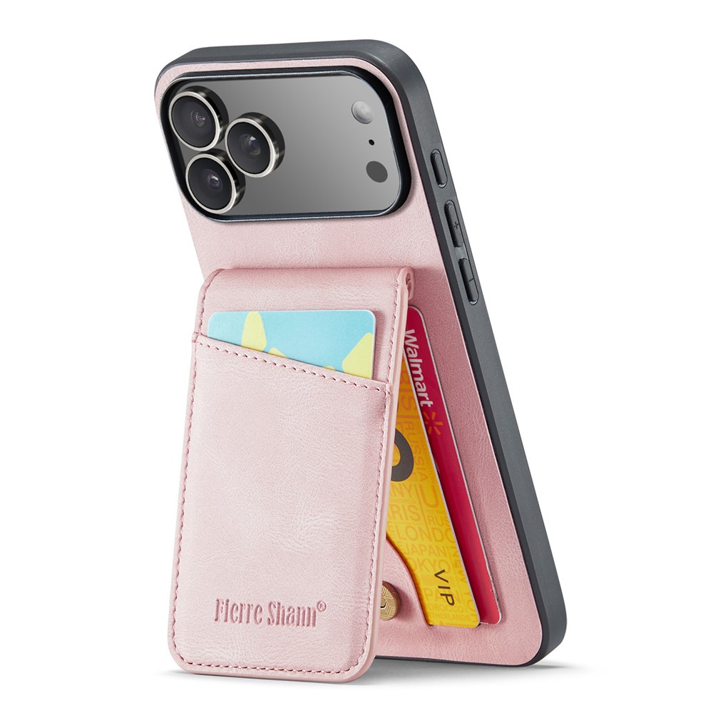 FIERRE SHANN For iPhone 17 Pro Max Case Card Holder Kickstand Leather RFID Blocking Back Cover - Pink