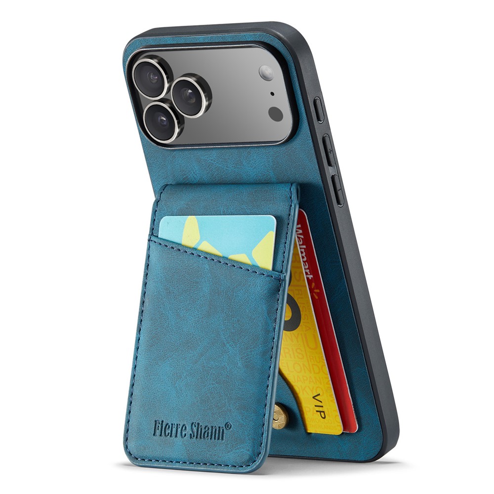 FIERRE SHANN For iPhone 17 Pro Max Case Card Holder Kickstand Leather RFID Blocking Back Cover - Blue