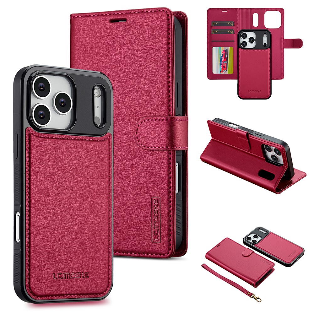 LC.IMEEKE L2 Series for iPhone 17 Pro Max Case PU Leather Wallet Detachable Magnetic Phone Cover - Red