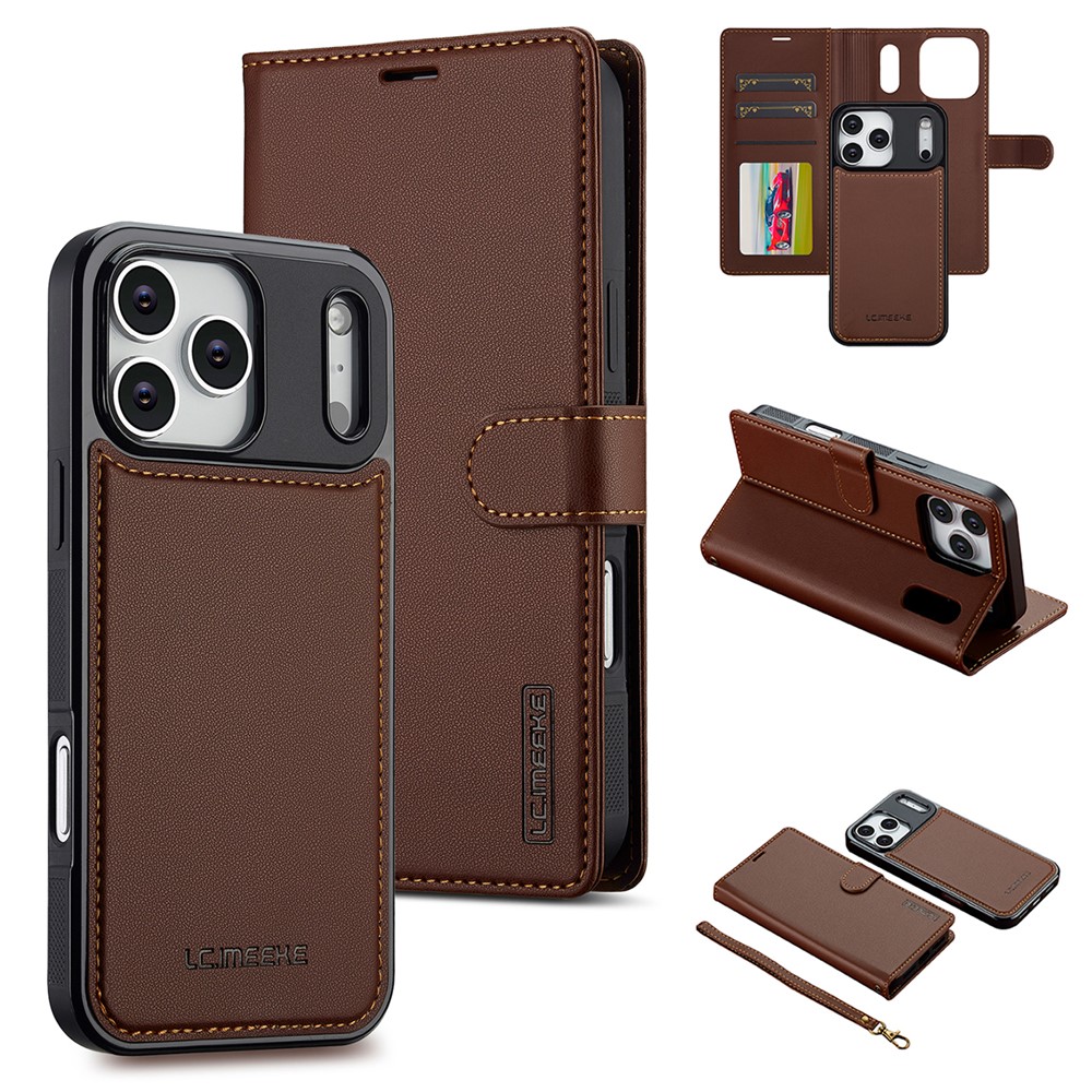 LC.IMEEKE L2 Series for iPhone 17 Pro Max Case PU Leather Wallet Detachable Magnetic Phone Cover - Brown