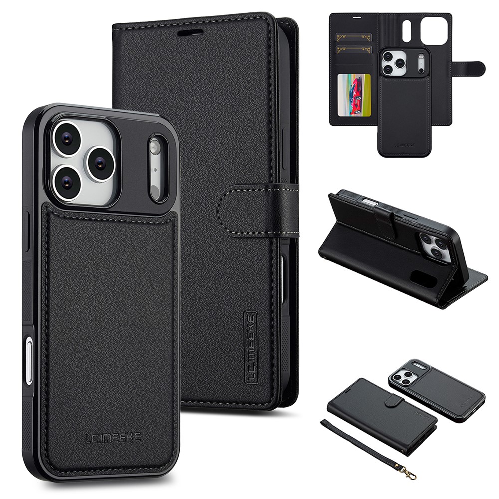 LC.IMEEKE L2 Series for iPhone 17 Pro Max Case PU Leather Wallet Detachable Magnetic Phone Cover - Black