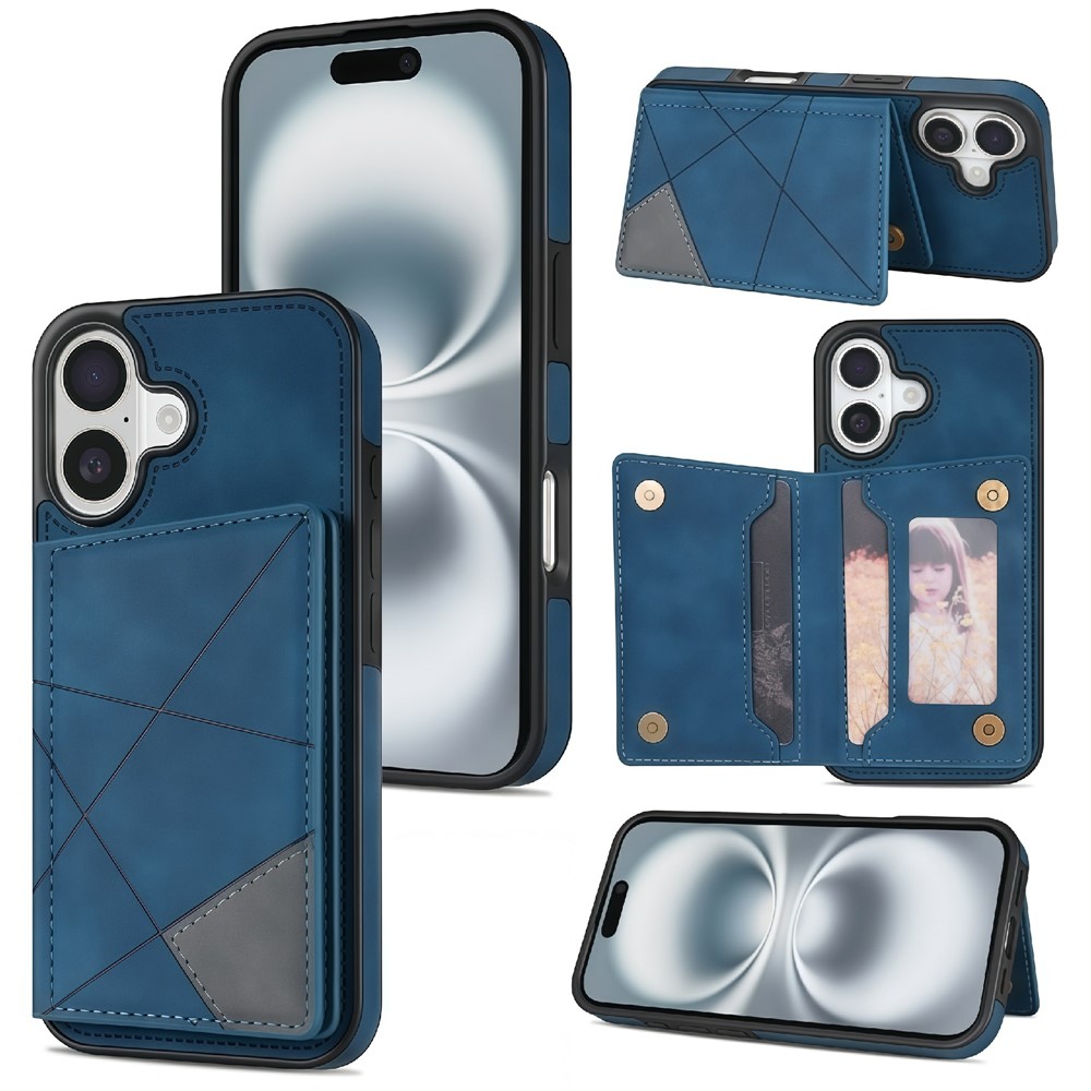 For iPhone 17 Case Line Imprinted Color Splicing Leather Phone Cover - Blue