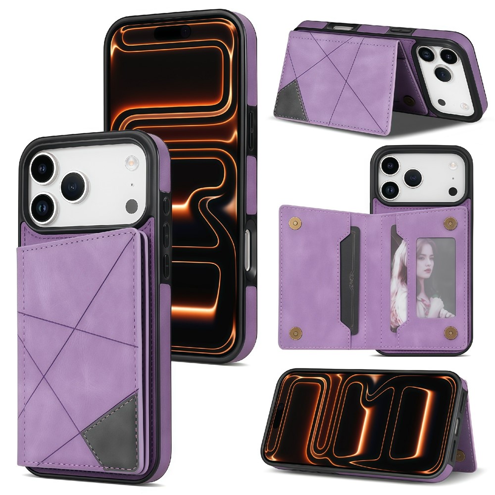 For iPhone 17 Pro Max Case Line Imprinted Color Splicing Leather Phone Cover - Purple