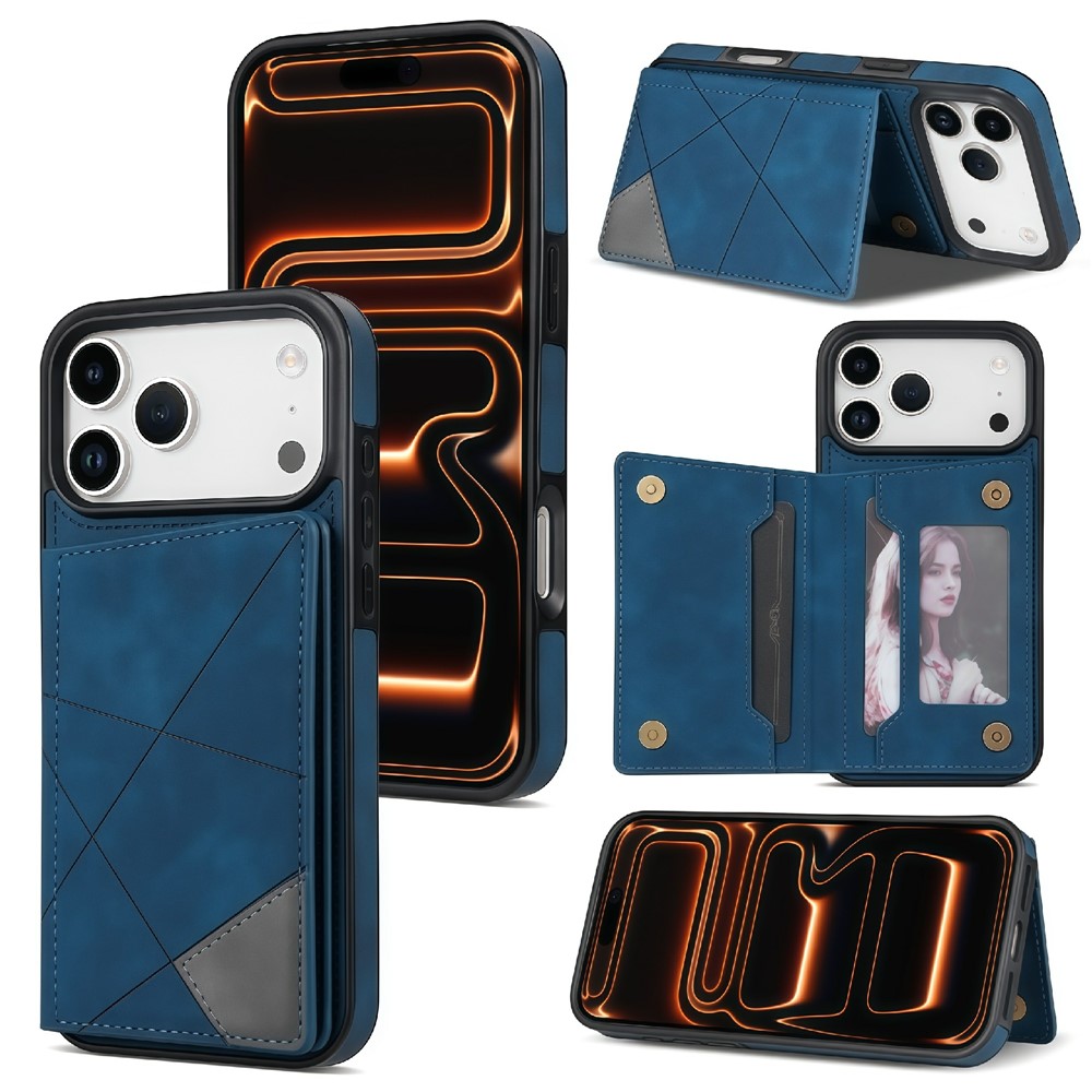 For iPhone 17 Pro Max Case Line Imprinted Color Splicing Leather Phone Cover - Blue