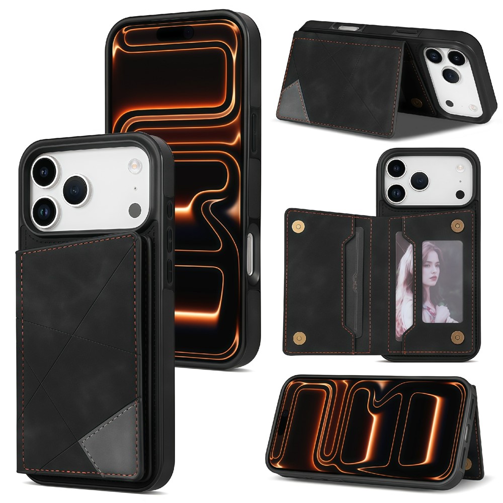 For iPhone 17 Pro Max Case Line Imprinted Color Splicing Leather Phone Cover - Black