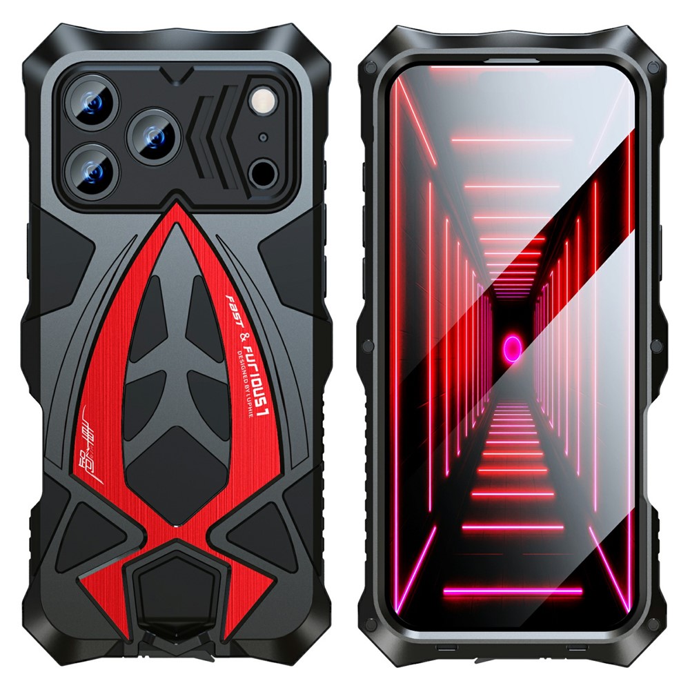 LUPHIE For iPhone 17 Pro Max Case Sports Car Design Shockproof Metal + TPU Phone Cover with Screen Protector - Black  /  Red
