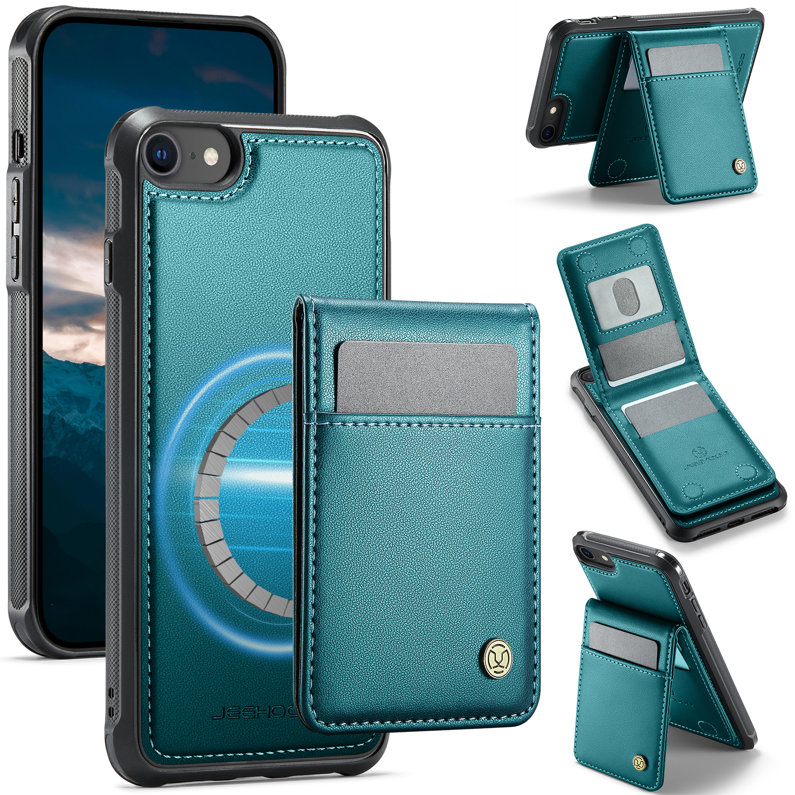 JEEHOOD For iPhone 8 4.7 inch / iPhone SE (2020) / iPhone SE (2022) / iPhone 7 4.7 inch Leather Back Cover Compatible with MagSafe  J06 Phone Case with Card Bag RFID Blocking - Blue