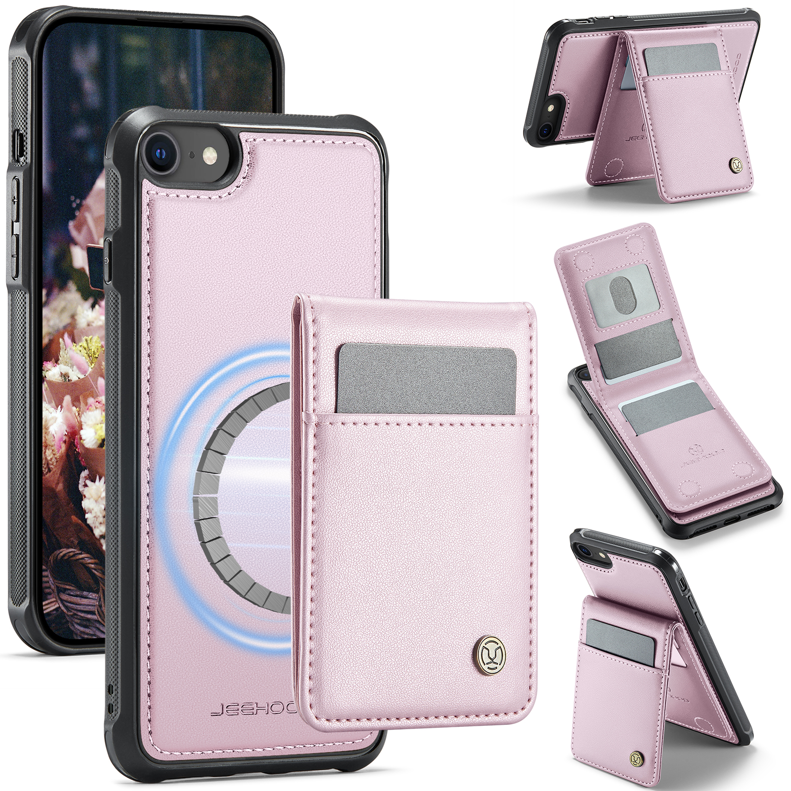 JEEHOOD For iPhone 8 4.7 inch / iPhone SE (2020) / iPhone SE (2022) / iPhone 7 4.7 inch Leather Back Cover Compatible with MagSafe J06 Phone Case with Card Bag RFID Blocking - Pink